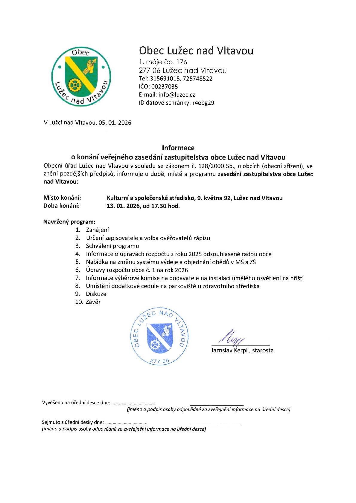 o konání veřejného zasedání zastupitelstva obce Lužec nad Vltavou