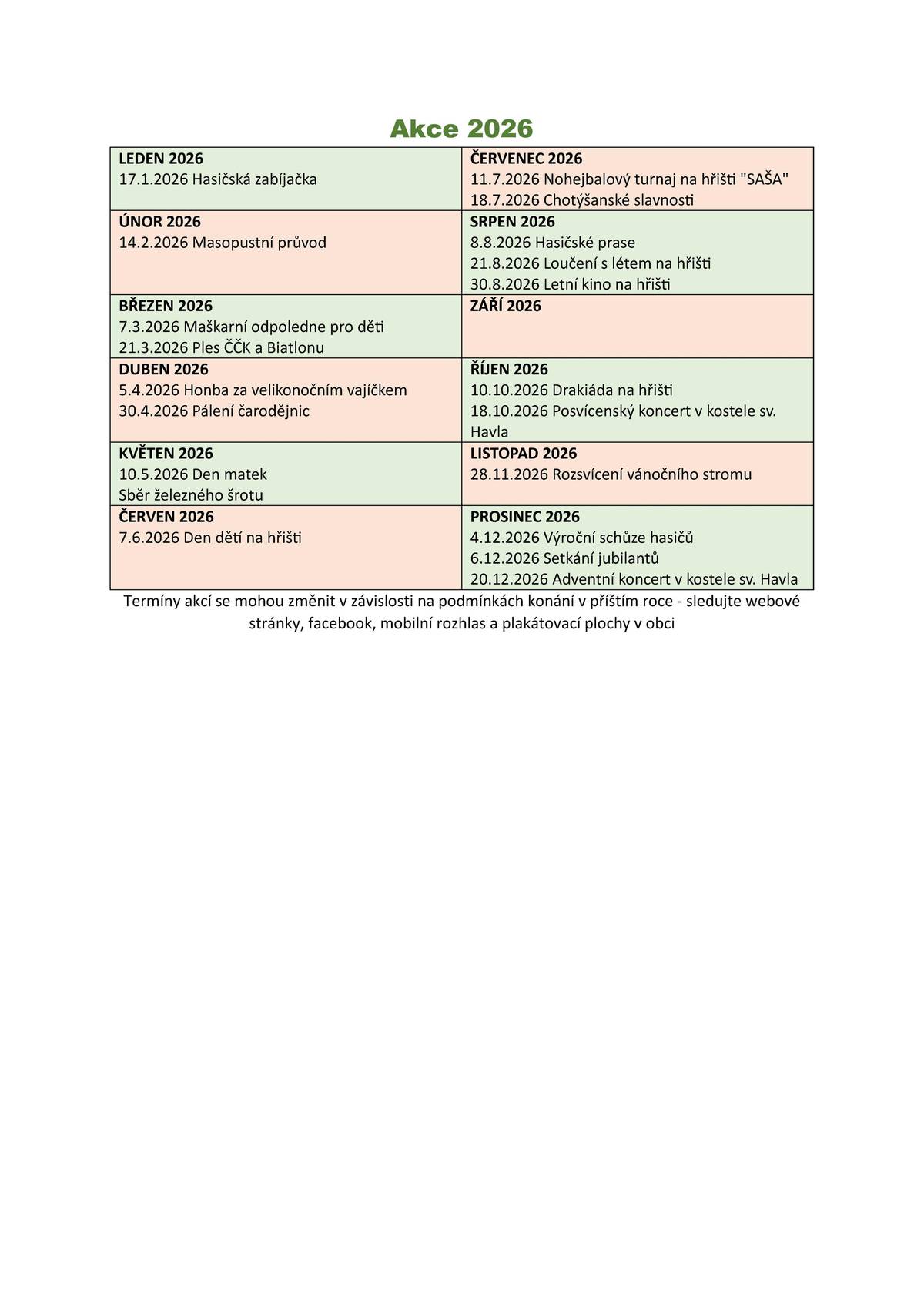 Vážení občané, informujeme Vás o přehledu akcí pořádaných obcí a místními spolky na rok 2026.