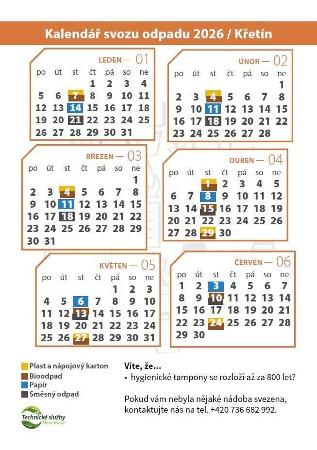 Kalendář svozů odpadů na rok 2026 je zveřejněný na internetových a facebookových stránkách obce. Tištěný kalendář spolu se zpravodajem bude dodán do všech domácností v obci do konce tohoto týdne. Tuto středu 7. ledna bude svoz žlutých a hnědých popelnic. Srdečně zveme všechny děti, ale i dospěláky na veselou pohádku O pekelné base. Divadelní představení nám přijedou opět po roce zahrát ochotníci z Velkých Opatovic. Koná se v neděli 11. ledna v KD Křetín od 16 hodin. Vstupné je dobrovolné.