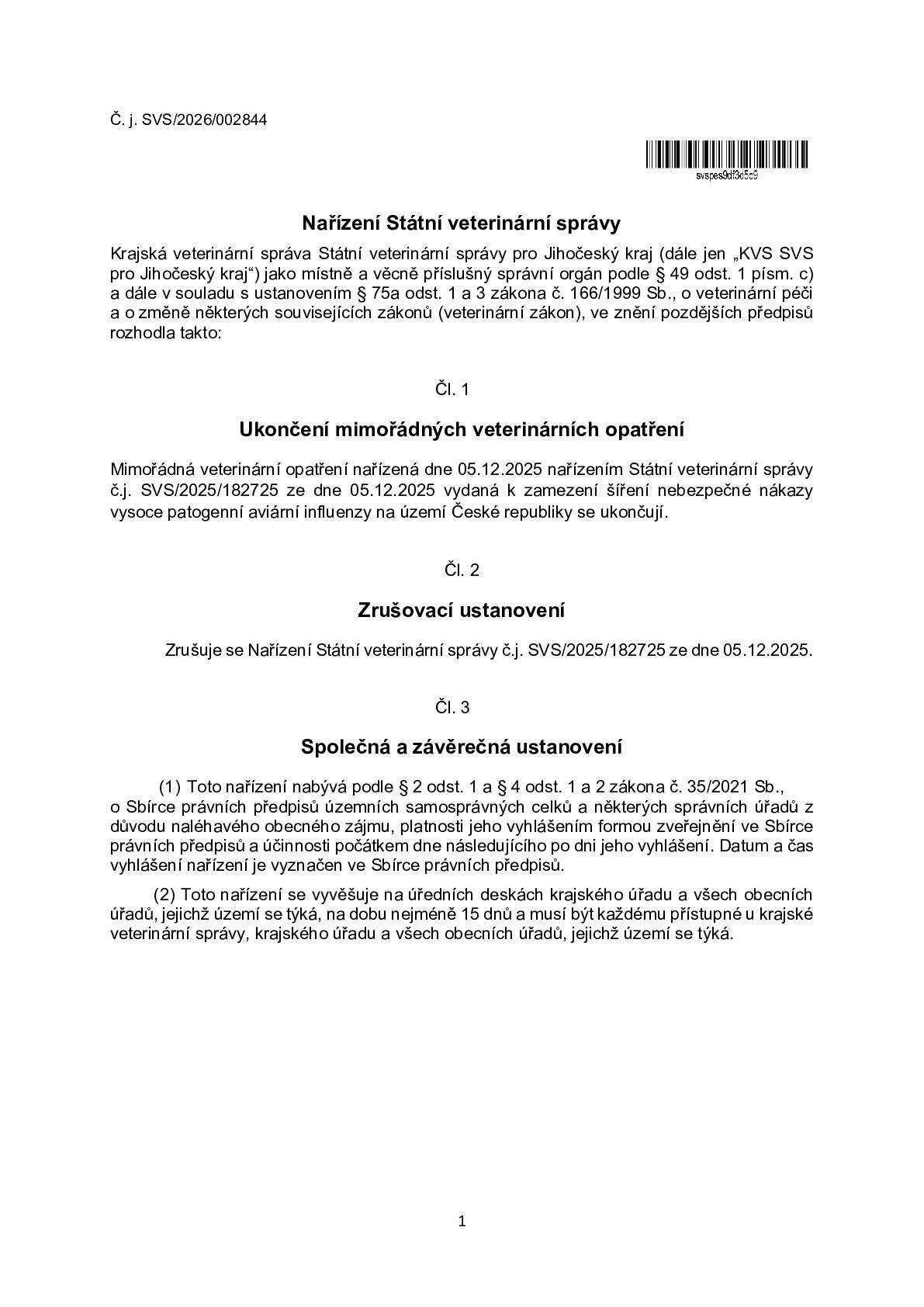 KVSC - nařízení - Ukončení mimořádných veterinárních opatření ze dne 5. 12. 2025.