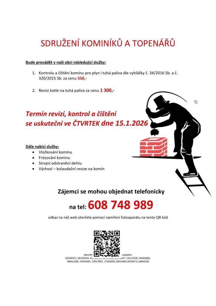 Kontrola a čištění komínů, revize kotlů v našich obcích