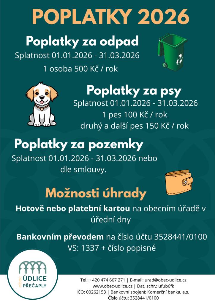 Vážení občané, informujeme Vás o povinnosti úhrady poplatků za odpad a psů za rok 2026.