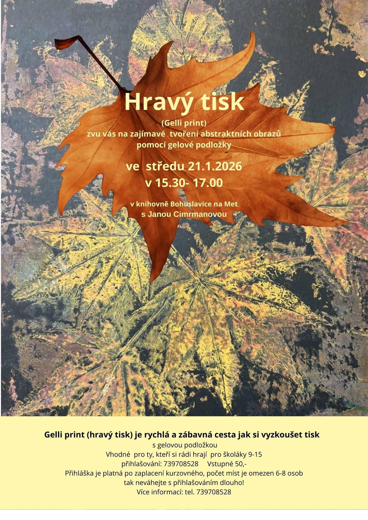 Středa 21.1.2026   15:30 - 17:00 Zájemci se přihlásí na tel. 739708528 Vstupné 50 Kč