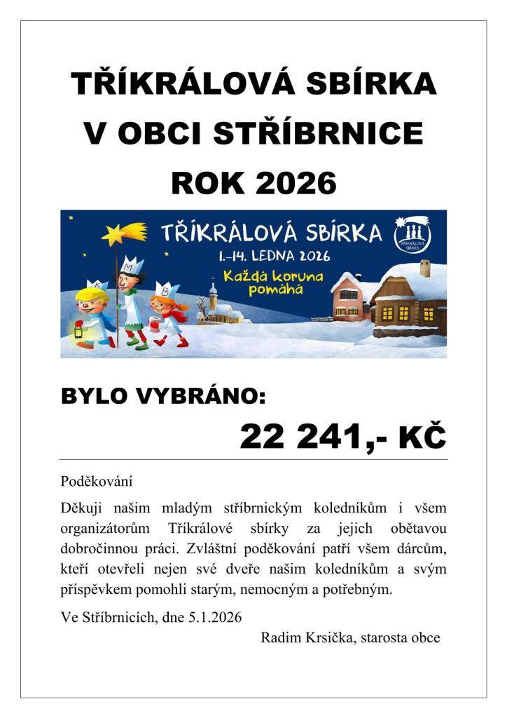 Děkuji našim mladým stříbrnickým koledníkům i všem organizátorům Tříkrálové sbírky za jejich obětavou dobročinnou práci. Zvláštní poděkování patří všem dárcům, kteří otevřeli nejen své dveře našim koledníkům a svým příspěvkem pomohli starým, nemocným a potřebným.   BYLO VYBRÁNO: 22 241,- KČ