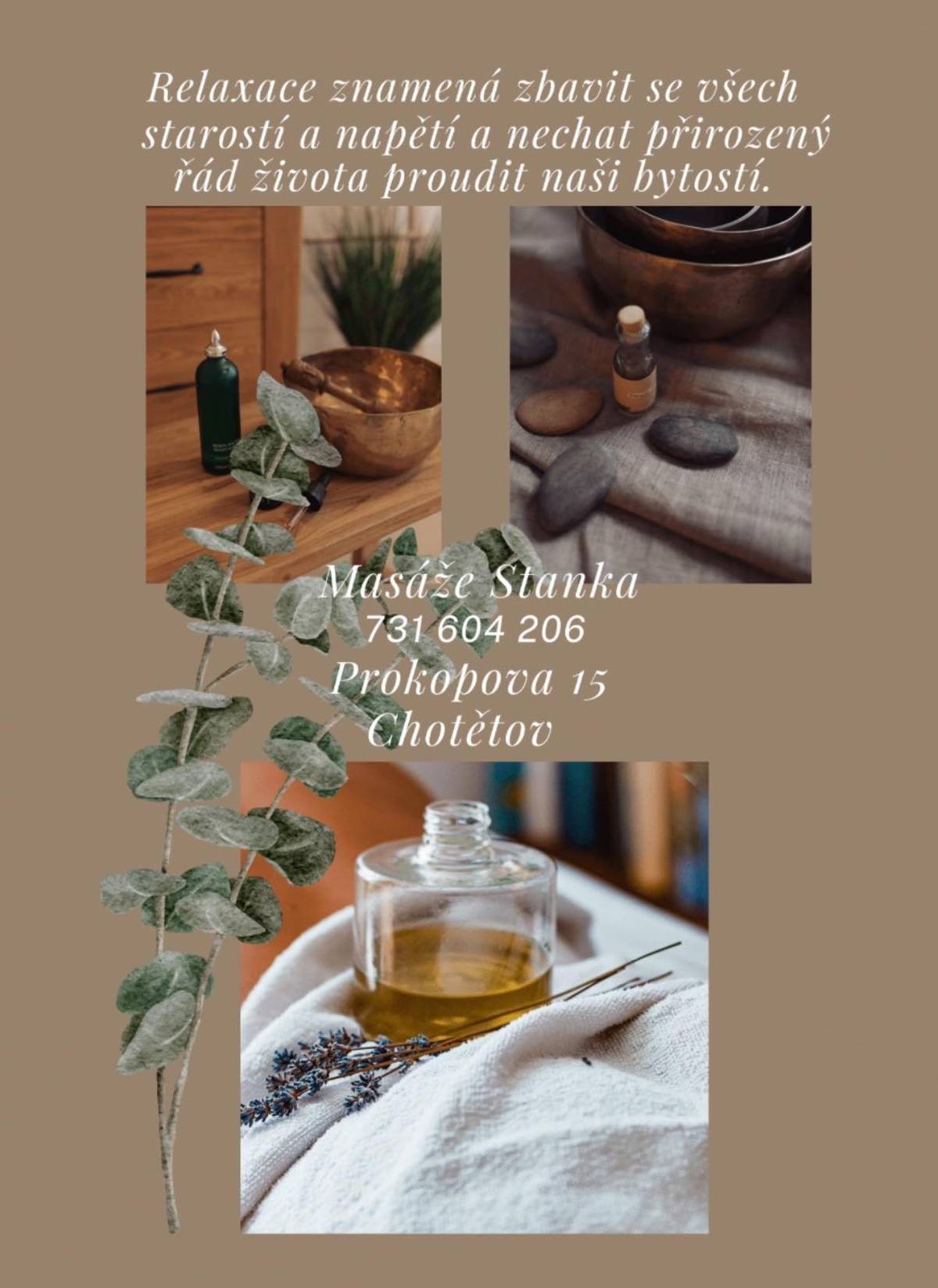📢 Na sklonku roku došlo k uzavření smlouvy s novým nájemcem, který bude poskytovat masážní služby opět v bývalém středisku, tedy na adrese Prokopova 15 v Chotětově 🙆. Zde je nabídka masáží, které můžete využít: Relaxační • sportovní • rekondiční • baňková • hot stones • reflexní masáž plosek •  Masáže Stanka 📞 731 604 206