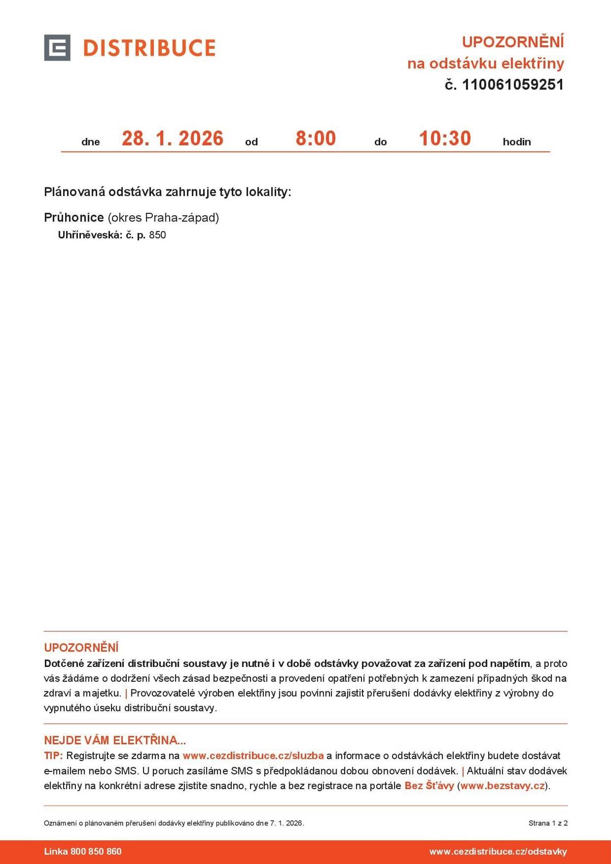 Oznámení o přerušení dodávky elektrické energie dne 28.1.2026