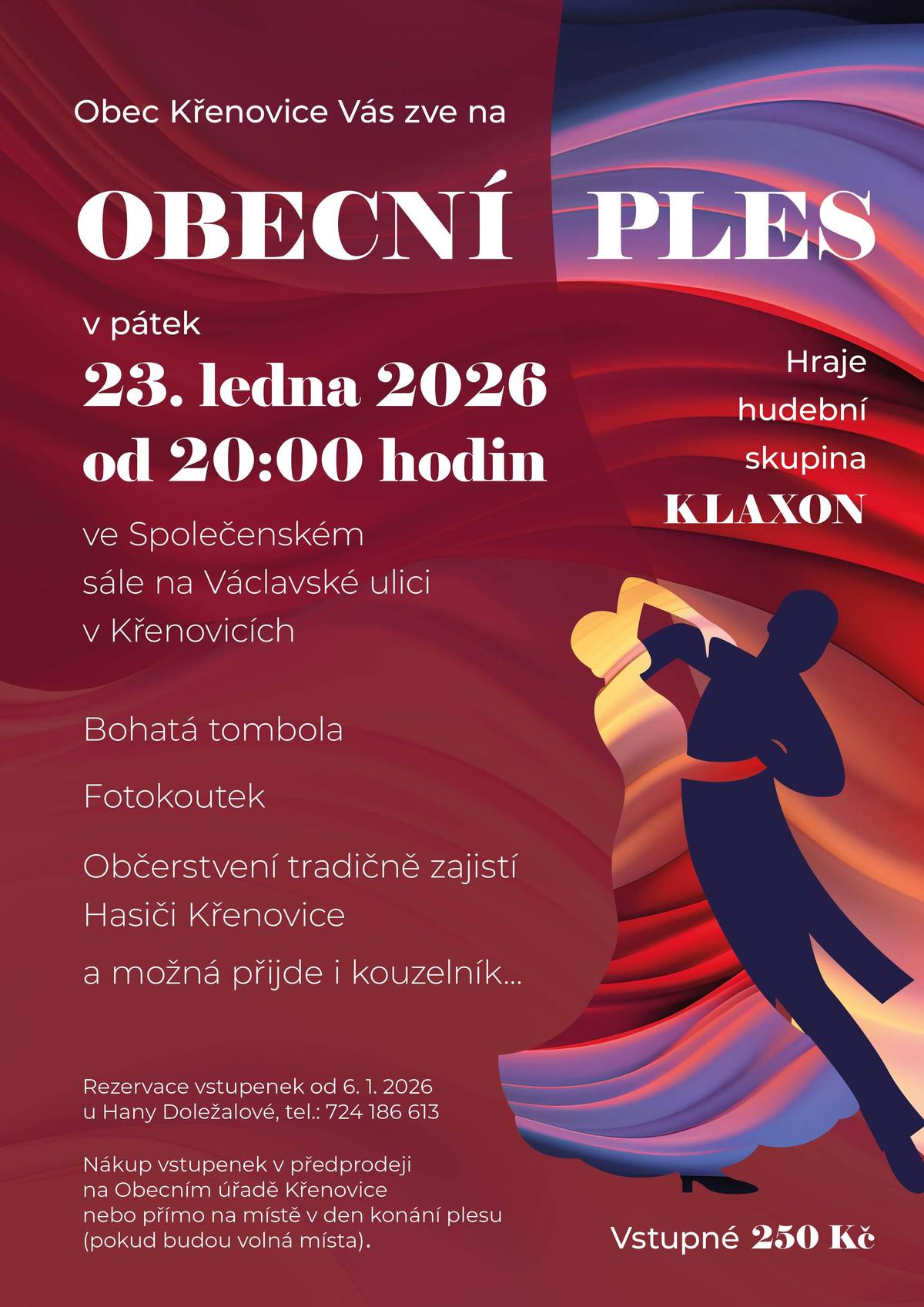 Obec Křenovice srdečně zve na Obecní ples. Rezervace vstupenek od 6. 1. 2026 na tel. 724 186 613