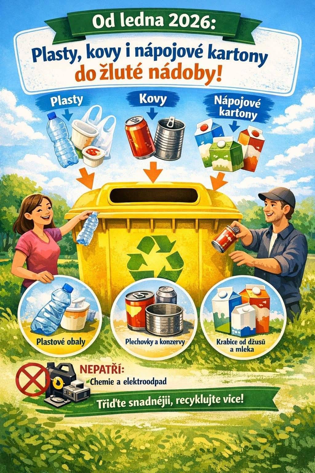 Připomínáme, že tento čtvrtek se vyváží plasty. Do žlutých nádob nově patří i nápojové kartony, plechovky a konzervy. Oranžové nádoby se již nevyváží - vše dávejte do žlutých popelnic, které se nově sváží každých 14 dní. Děkujeme