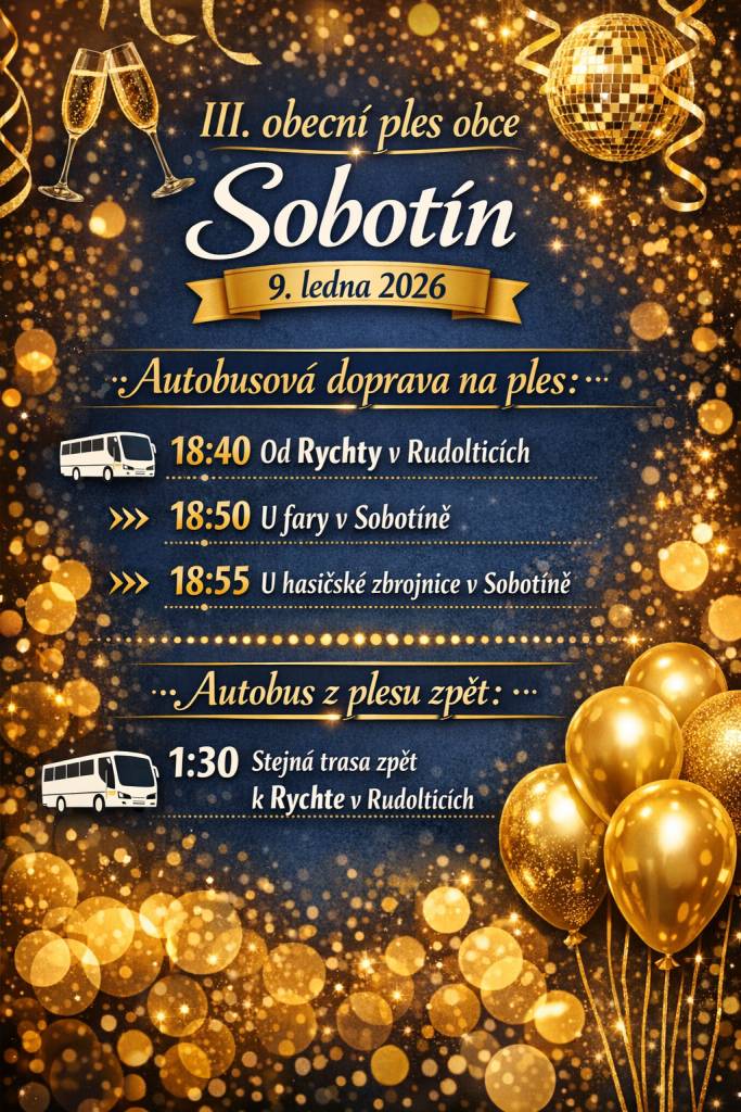 > 18:40 hodin od Rychty v Rudolticích  > 18:50 hodin u Fary v Sobotíně  > 18:55 hodin u HZ v Sobotíně  Autobus zpět: 1:30 hodin stejná trasa zpět k Rychtě v Rudolticích