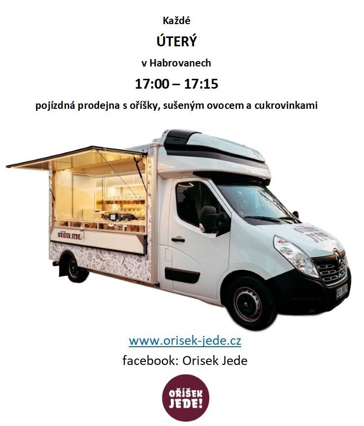 Každé úterý od 17:00 - 17:15 hod. u Restaurace u Maxíka.  Pojízdná prodejna s oříšky, sušeným ovocem a cukrovinkami.
