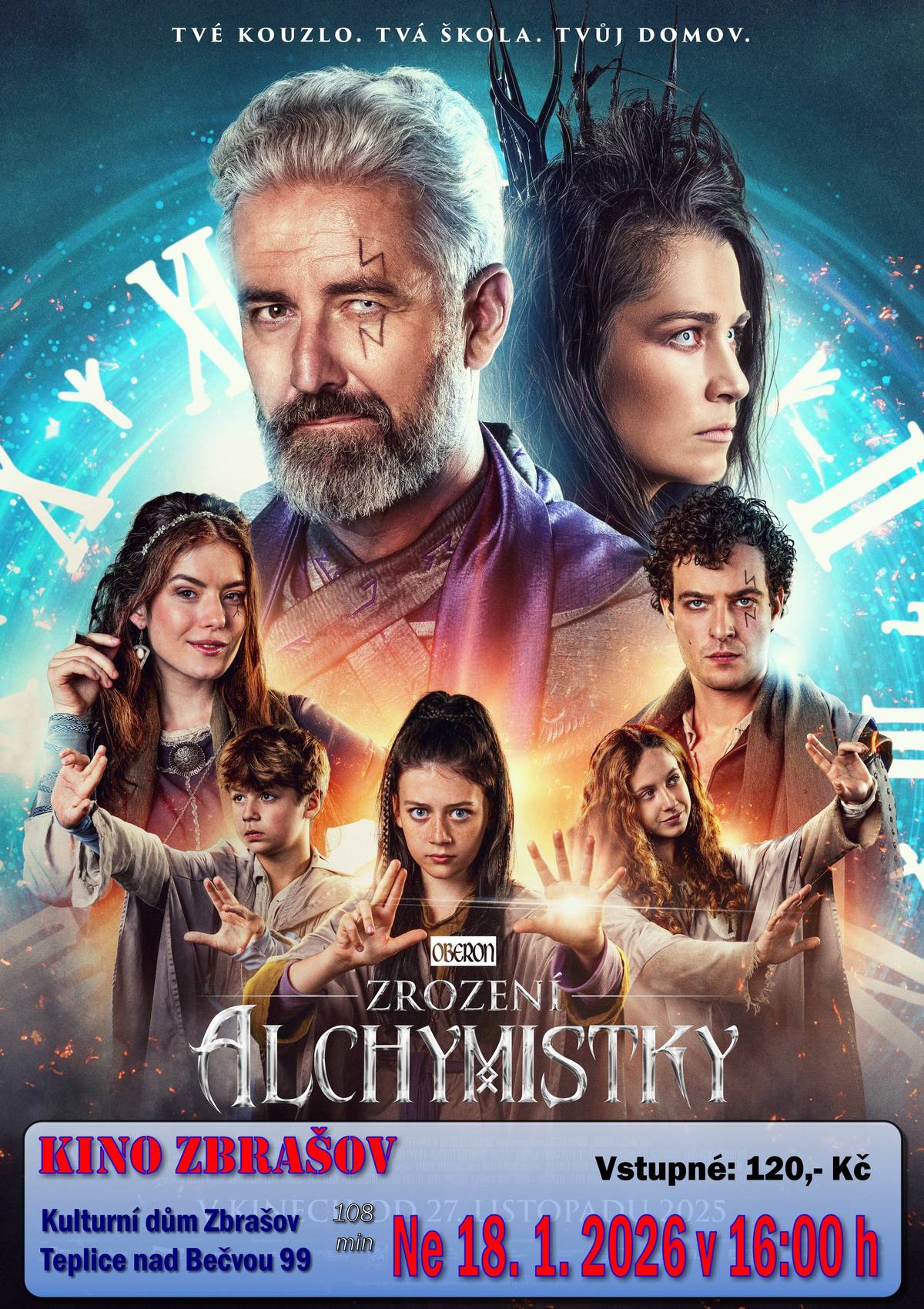 Tvůrci Princezny zakleté v čase I a II znovu otevírají bránu světa Oberonu, aby tam spolu s dvanáctiletou Arianou prožili dobrodružství plné kouzel, přátelství a velkých tajemství. Vstupte s námi do světa magie, čarovných lektvarů i alchymie. Kino Zbrašov – Teplice nad Bečvou 99, sál kulturního domu s kapacitou 150 diváků. Otevíráme 20 min před začátkem představení. Možnost občerstvení v přízemí kulturního domu – prodejna potravin otevřena do 19 hod. Předprodej vstupenek nezajišťujeme – kdo dřív přijde, má větší možnost výběru místa.