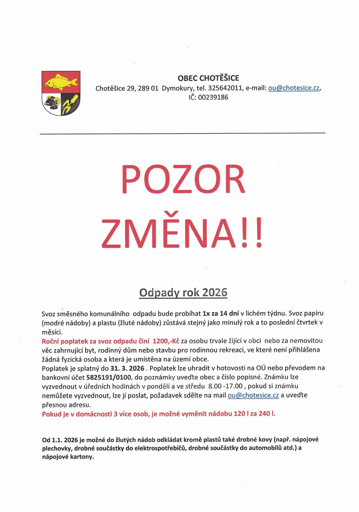 Informace k platbě za odpady na rok 2026