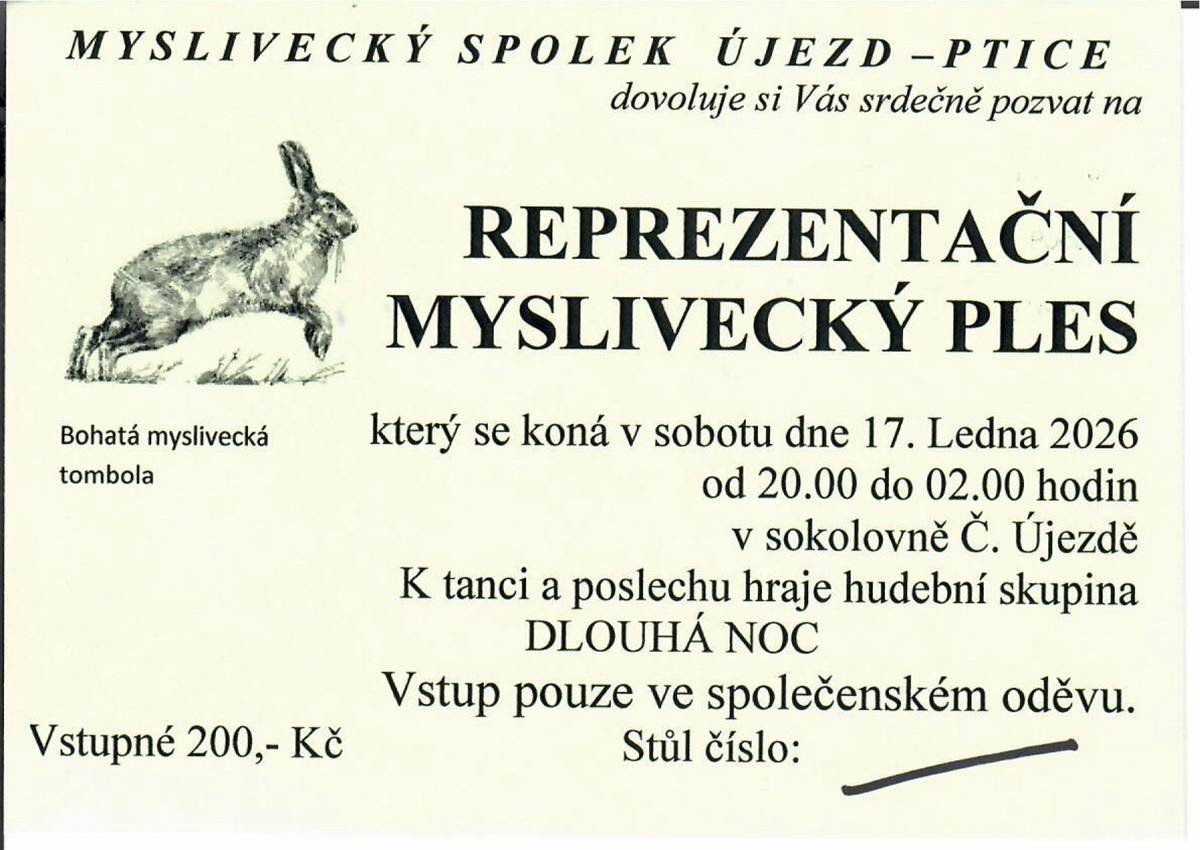 Myslivecký spolek Újezd–Ptice vás srdečně zve na tradiční ples. 📅 sobota 17. 1. 2026 🕗 20:00–02:00 📍 Sokolovna Červený Újezd 🎵 K tanci a poslechu hraje DLOUHÁ NOC 🎟️ Vstupné: 200 Kč 🎁 Bohatá myslivecká tombola 👔👗 Společenský oděv 🎫 Prodej vstupenek: p. Čermák, 📞 724 240 891  Přijďte si užít večer s muzikou, tancem a tombolu. 🥂✨