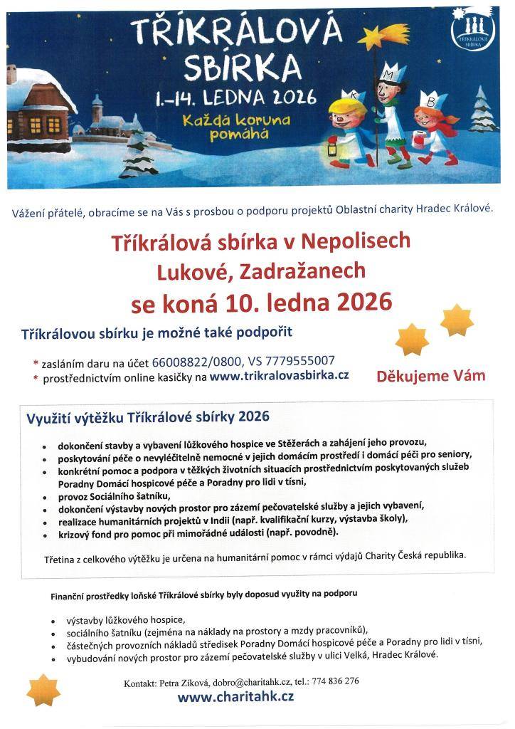 Organizátoři Tříkrálové koledy a sbírky žádají o pomoc s provedením Tříkrálové sbírky.
