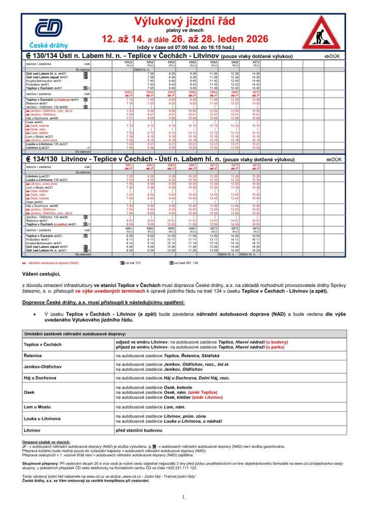 Výluka vlakové dopravy v traťovém úseku Oldřichov u Duchcova - Osek na trati 134 (Ústí nad Labem) - Teplice v Čechách - Litvínov (a zpět).