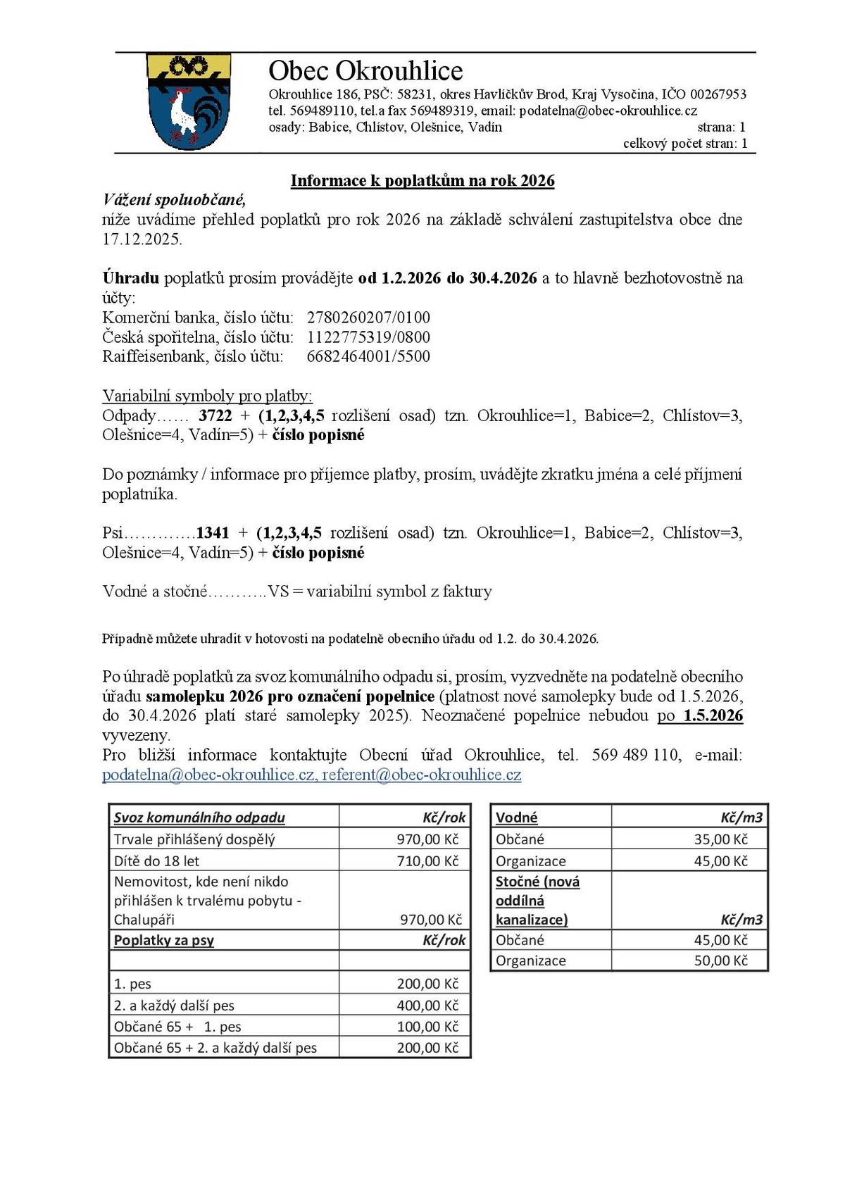 Informace k poplatkům na rok 2026