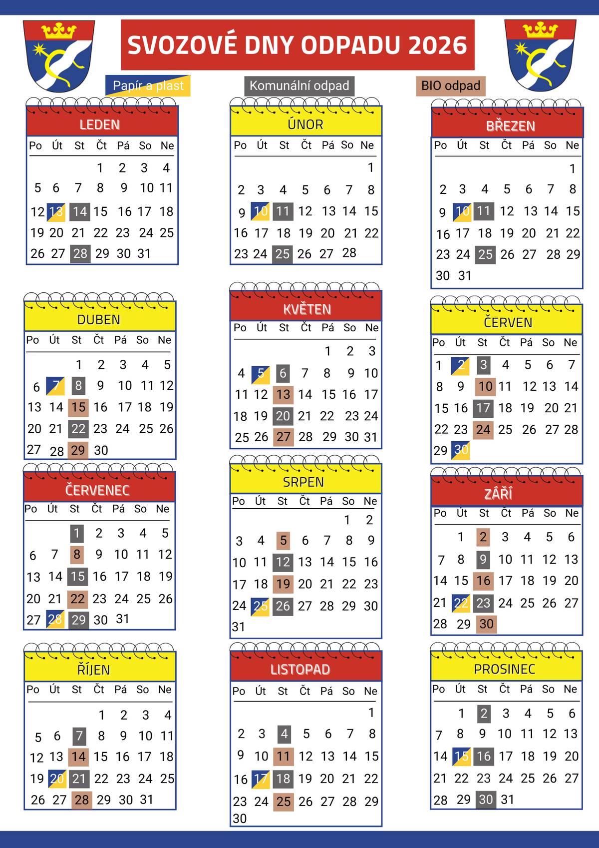 Vážení občané, od 7.1.2026 do konce března prosíme o zaplacení poplatku za komunální odpad a psy, částka zůstává pro letošní rok stejná 700 Kč/osoba v případě rekreačního objektu 700 kč/ objekt. Preferujeme platbu kartou. Svozový kalendář bude v lednu roznesen do vašich schránek.