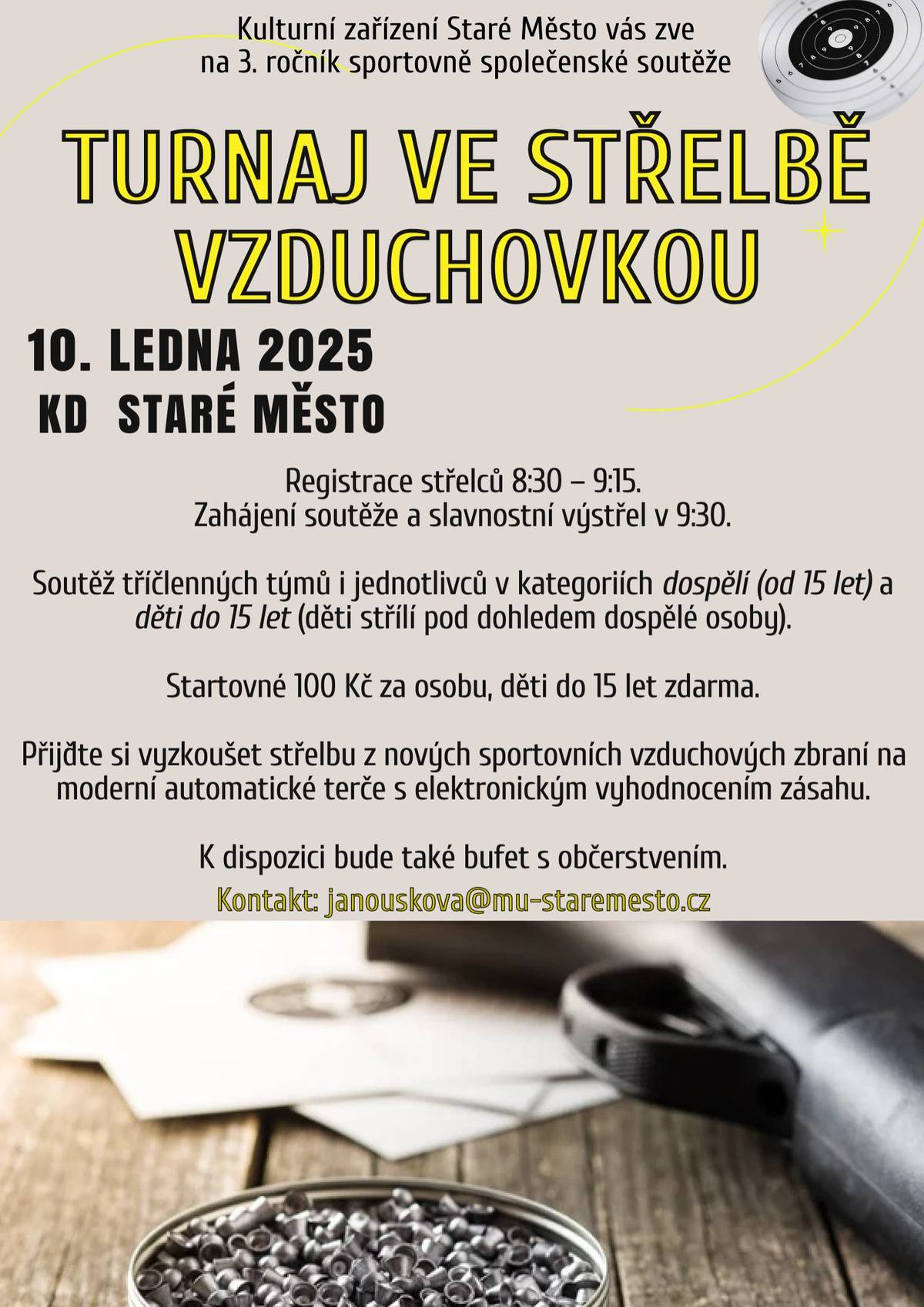 Po vánočním klidu dodá trochu adrenalinu již 3. ročník Turnaje ve střelbě vzduchovkou - 10. ledna v kulturním domě.  Protože vůně bylinek potěší tělo i mysl, máme pro vás 22. ledna v kulturním domě připravenu Besedu o místních léčivých bylinkách na posílení vnitřních orgánů v zimním období.   Pohádky a filmy pro děti zahřejí i po svátcích, a proto se můžete opět těšit na pravidelné promítání kina pro děti.   A plesová sezóna klepe na dveře – lístky na IV. městský ples (6. 2.) můžete koupit již nyní v předprodeji na Poště Partner/TIC!   Přijďte si vybrat, co vás baví. Kulturní zařízení Starého Města