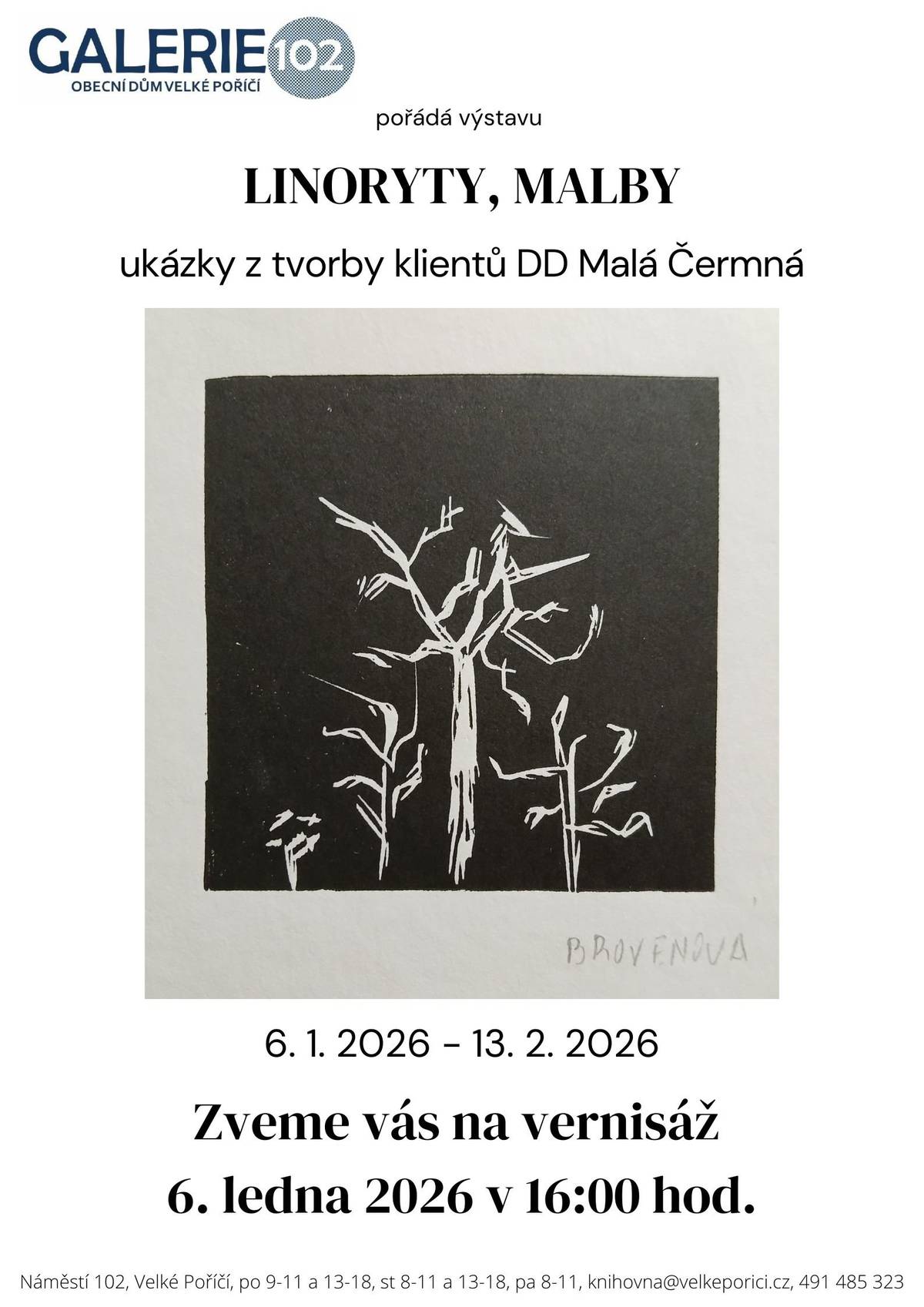 Zveme veřejnost v úterý 6. ledna v 16.00 hodin do Galerie 102 na slavnostní vernisáž. V galerii je k vidění nová výstava "Linoryty, malby". Jde o společnou výstavu a ukázku tvorby klientů DD Malá Čermná. Těšíme se na vás.