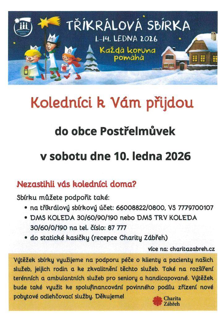 Tříkrálová sbírka 2026 v obci Potřelmůvek