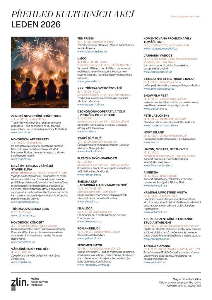 Pravidelný přehled vybraných kulturních akcí ve Zlíně na měsíc leden.