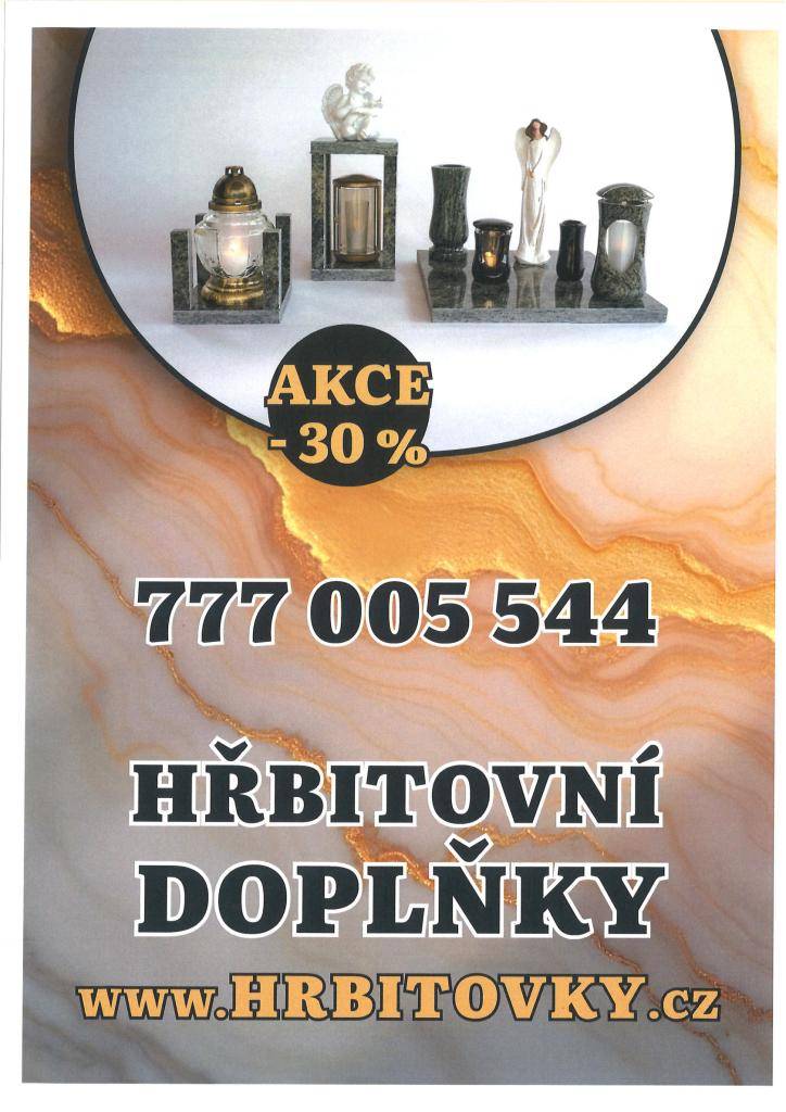 Nabídka hřbitovních doplňků v akci - 30 %, hloubkové čištění hrobů, akce - 30 % na krycí desky, nápisy na pomníky, obnova písma  https://www.kamenictvi-dione.cz/  tel. 777 005 544