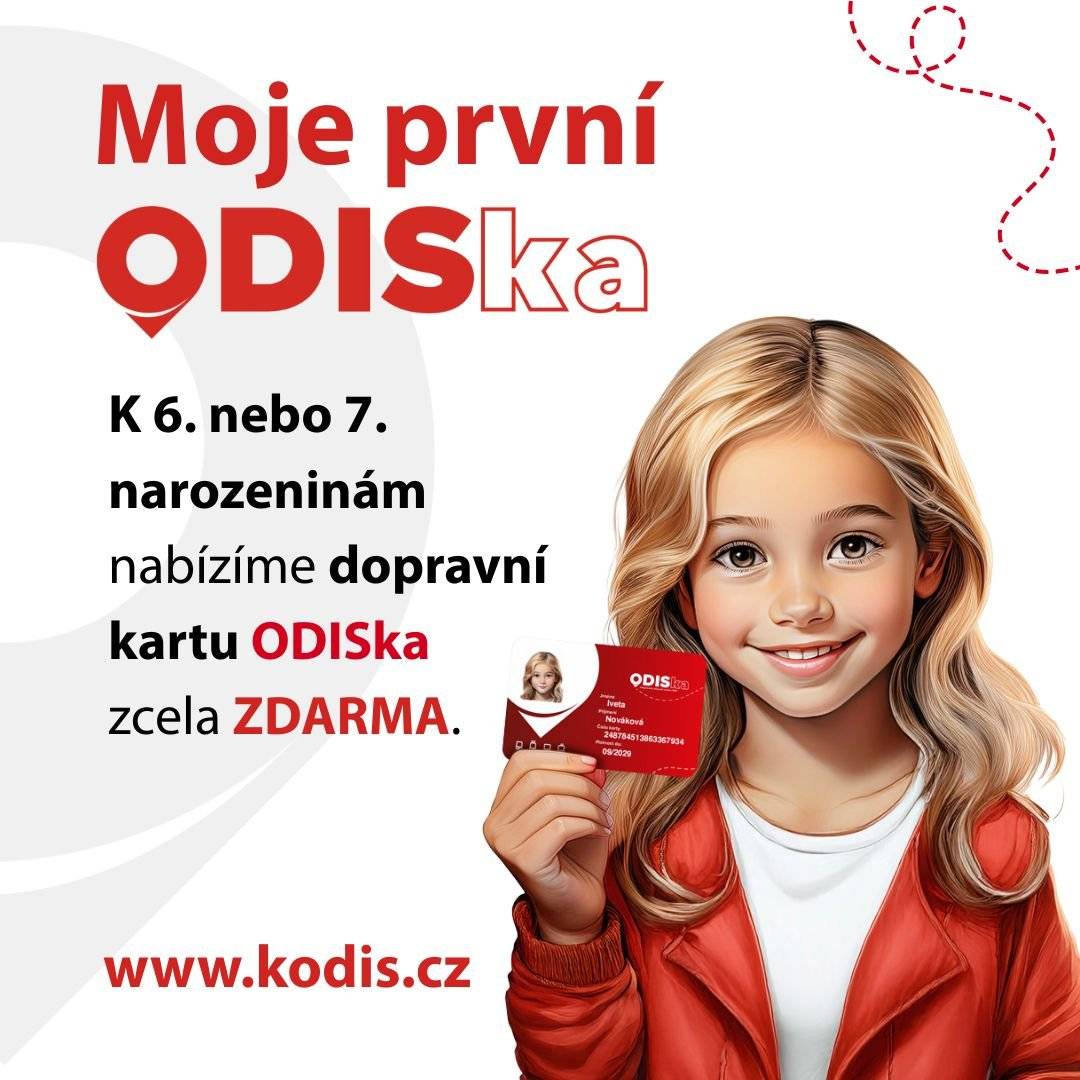V rámci akce Moje první ODISka mohou letos děti narozené v letech 2019 a 2020 získat dopravní kartu ODISka zcela zdarma. Standardní cena ODISky je přitom 130 Kč. www.kodis.cz
