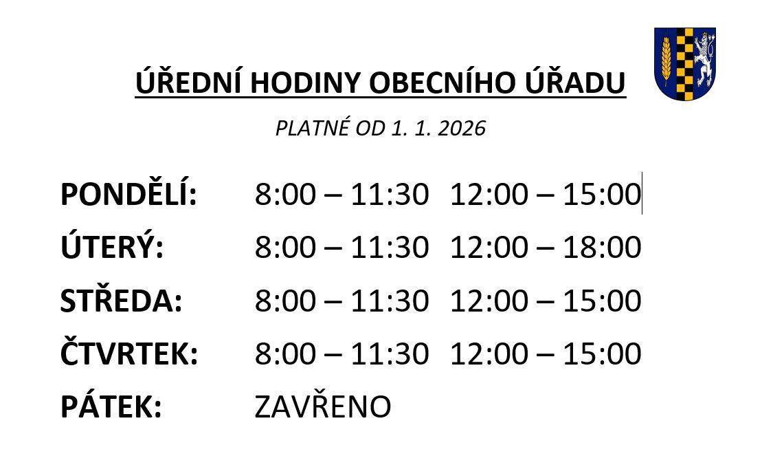Od 1.1.2026 dochází ke změně úředních hodin obecního úřadu Všestudy.