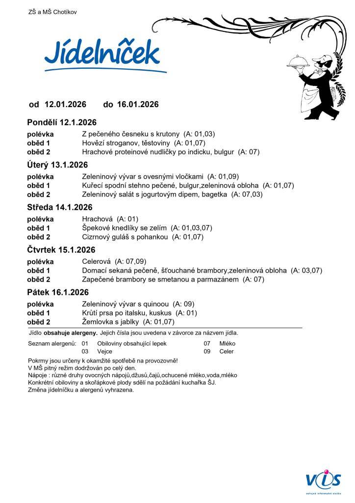 Jídelní lístek ZŠ a MŠ Chotíkov na týden 12. 01. 2026 - 16. 01. 2026.