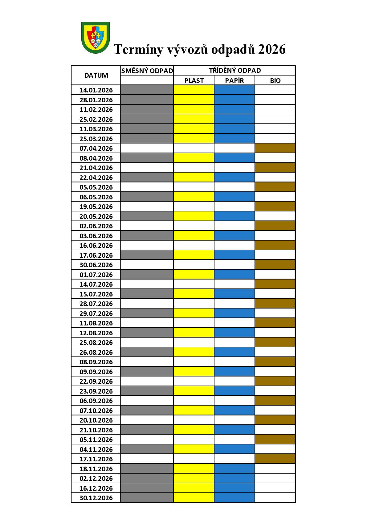 Svozové vozidlo bude v obci vyvážet odpady každých 14 dní. Termíny vývozů nádob na BIO odpady, je zatím pouze orientační.