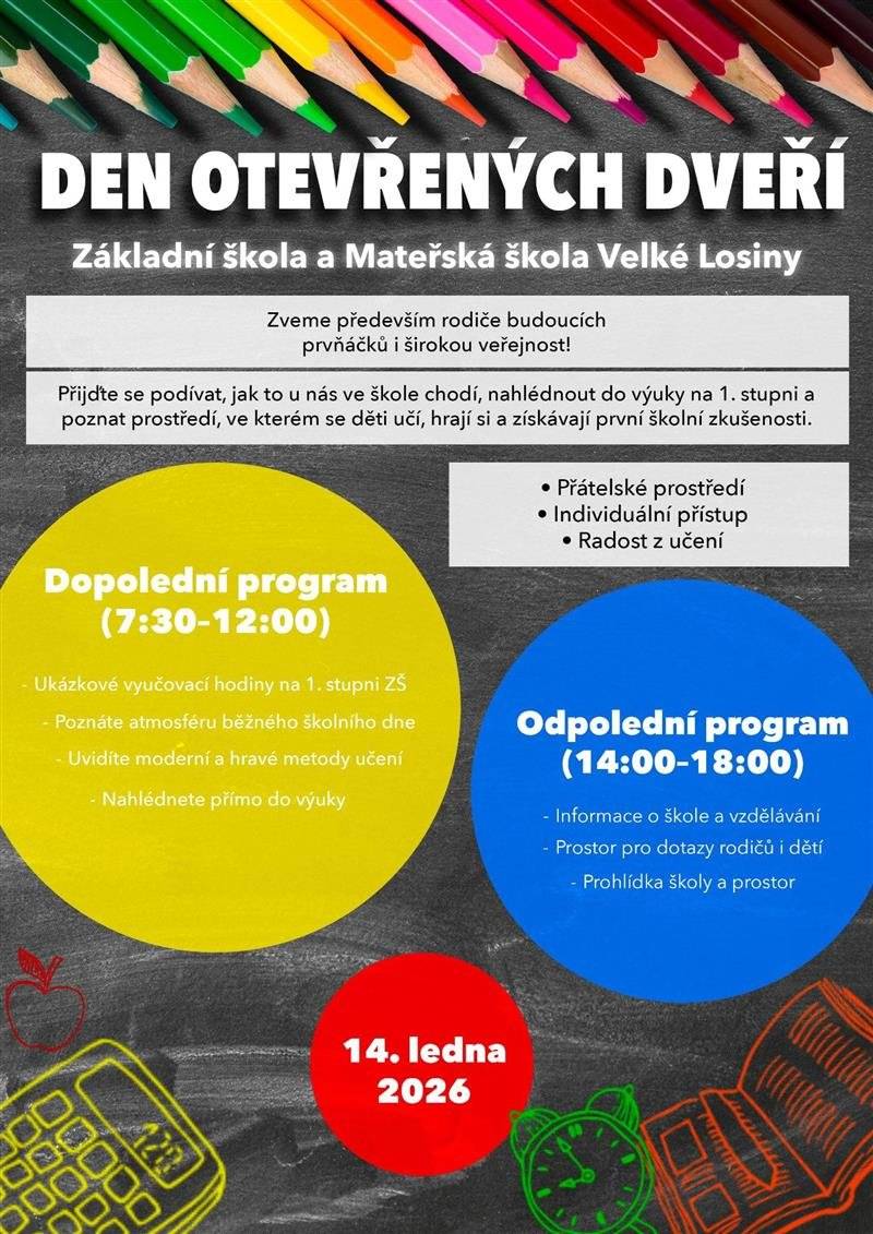 Základní škola a Mateřská škola Velké Losiny zve na Den otevřených dveří ve středu 14.1. Zápis do 1. třídy bude v sobotu 24.1. od 8 do 14 hodin pro spádové děti, od 14 do 16 hodin pro nespádové děti.