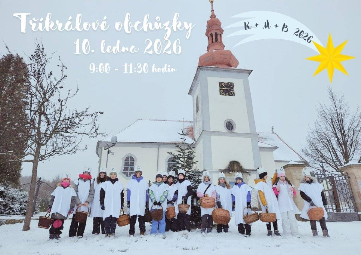 Milí spoluobčané, Tříkrálové obchůzky proběhnou v sobotu 10. ledna od 9:00 hodin do 11:30 hodin. V našich obcích v daném čase zazvoní u Vašich dveří skupinky tří králů v přestrojení za Kašpara, Melichara a začerněného Baltazara. Děti se ve škole rády připravují na tento den – procvičují známou koledu „My tři králové jdeme k vám, štěstí, zdraví vinšujeme vám....“. Předem děkujeme Vám všem, kteří dveře dětem otevřete a přispějete do pokladničky a obdarujete i malé koledníky sladkostmi či ovocem. Finanční výtěžek půjde opět do fondu Na obnovu kostela. Jsme moc pyšní na děti z naší školy, kteří této akci s podporou rodičů pomáhají.