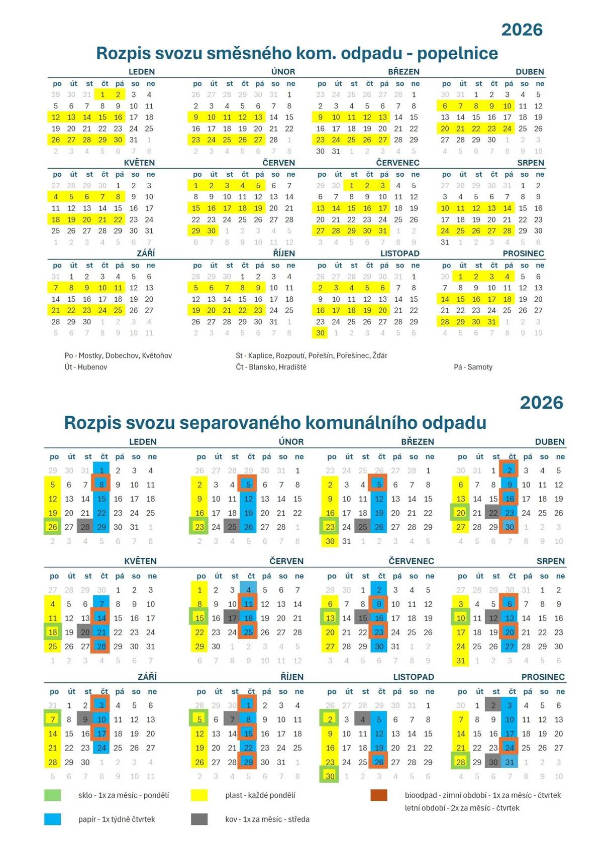 Vážení obyvatelé, přinášíme Vám  přehled svozových dnů komunálního a tříděného odpadu pro rok 2026. Harmonogram svozu je důležitý pro plánování vývozu popelnic i separovaného odpadu ve vašich čtvrtích. Kompletní rozpis svozových dnů včetně frekvence vývozu naleznete v dokumentu na tomto odkazu ZDE.