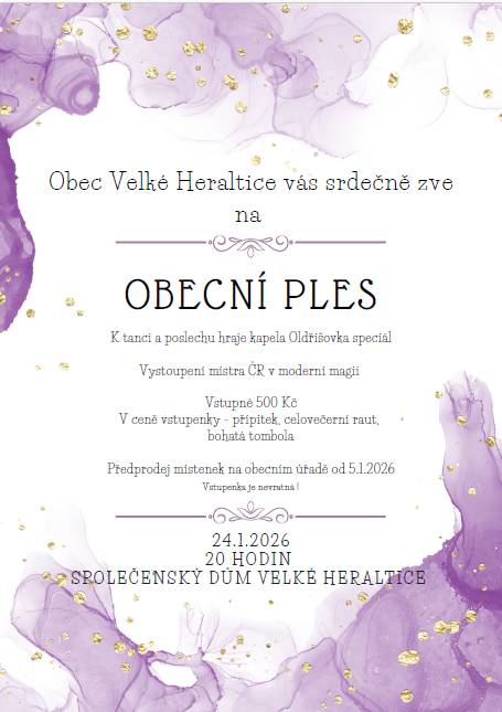 Vstupenky v prodeji na Obecním úřadě - Obecní ples 24.1.2026 ve Společenském domě ve Velkých Heralticích