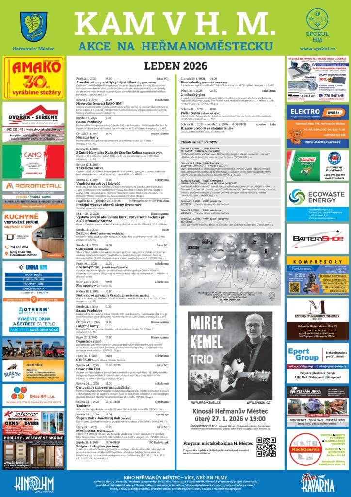 Přinášíme Vám souhrnný přehled akcí v Heřmanově Městci a okolí na měsíc leden 2026. Plesy, přednášky, výstavy, filmový festival, tančírna, výlety, koncerty, taneční zábava a řada dalších akcí, to je velmi pestrá nabídka i v prvním měsíci roku.