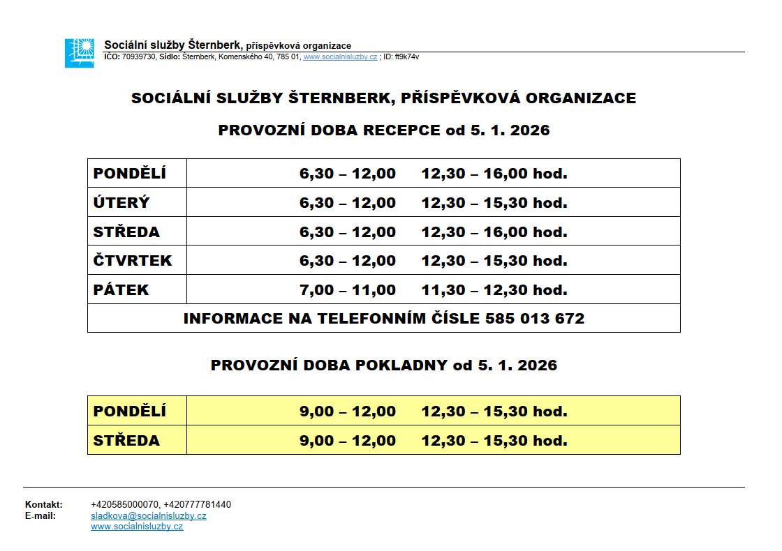Oznamujeme klientům, rodinám i široké veřejnosti, že z důvodu rekonstrukce zázemí Pečovatelské služby v sídle organizace na adrese Komenského 40 je recepce i pokladna od 5. 1. 2026 do 31. 5. 2026 umístěna do 2. patra, do kanceláře sociálních pracovníků, dveře č. 9.