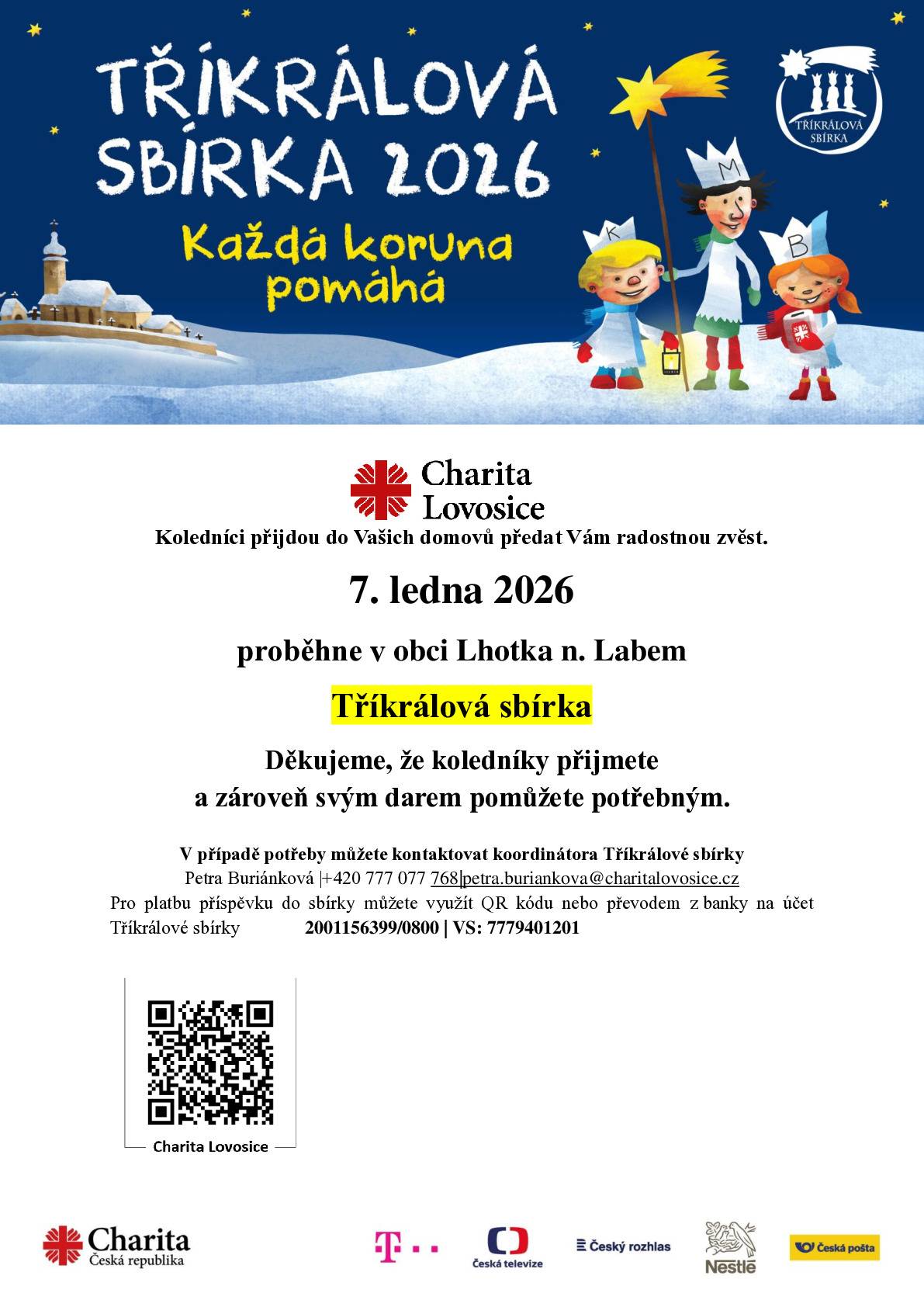 7.ledna 2026 proběhne v obci Lhotka n. Labem Tříkrálová sbírka