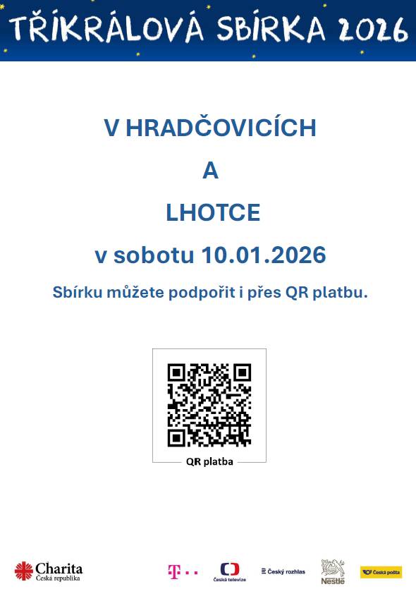 V Hradčovicích a Lhotce proběhne v sobotu 10.01.2026. Sbírku můžete podpořit i přes QR platbu.