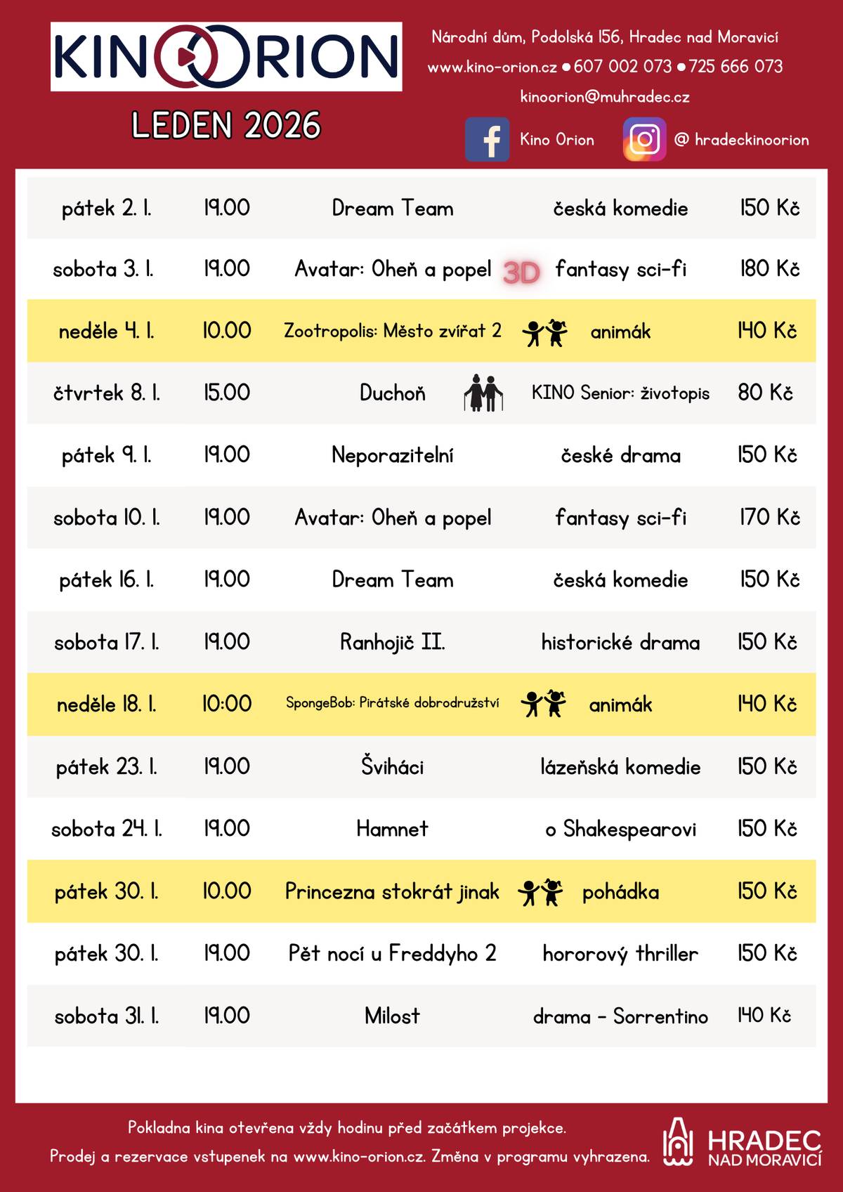 Aktuální program kina Orion na leden 2026. Těšíme se na Vaši návštěvu.