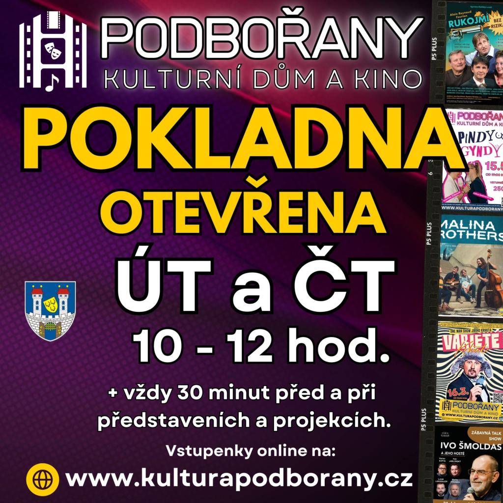 Nákup vstupenek na divadelní a filmové pořady je možný pouze v Kulturním domě Podbořany. Pokladna bude otevřena vždy v úterý a ve čtvrtek od 10 do 12 hod. Dále 30 minut před každou filmovou projekcí nebo pořadem v Kulturním domě.