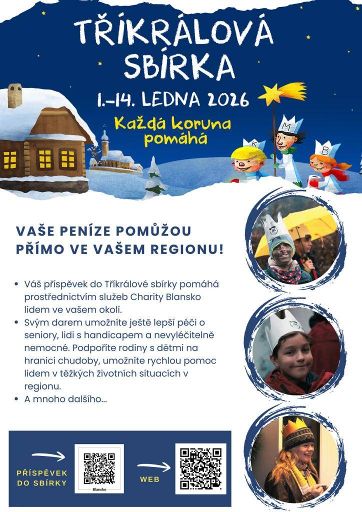 Tříkrálová sbírka se ve Skrchově uskuteční v sobotu 10. 1. 2026 v dopoledních hodinách. Případně je možné přispět pomocí QR kódu na letáčku.     Děkujeme za Vaše příspěvky
