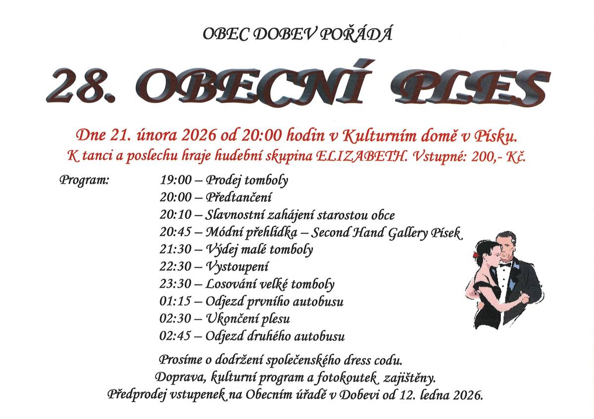 V sobotu 21. 2. 2026 se bude konat již 28. Obecní ples obce Dobev v Kulturním domě v Písku.