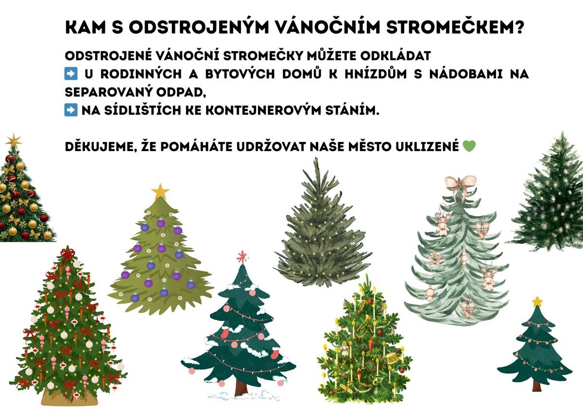 Vánoční svátky jsou za námi, ozdoby uklizené a vánoční stromeček splnil svou roli. Nyní je čas postarat se o jeho správné a ohleduplné odložení. Odstrojené vánoční stromečky mohou občané umisťovat:   u rodinných a bytových domů k hnízdům s nádobami na separovaný odpad,   na sídlištích ke kontejnerovým stáním.   Prosíme, aby byly stromečky odložené volně, bez ozdob, háčků, řetězů a dalších dekorací. Usnadní se tím jejich další zpracování a odvoz. Děkujeme všem občanům za spolupráci a ohleduplný přístup k veřejnému prostoru.