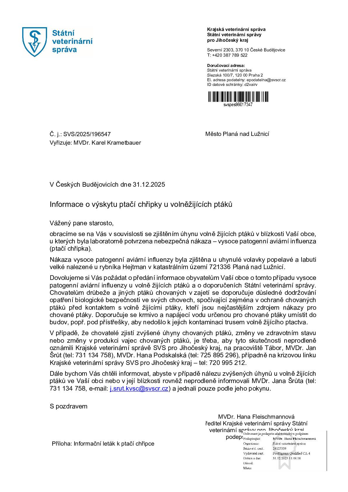 Informace pro občany o výskytu ptačí chřipky v Plané nad Luž.