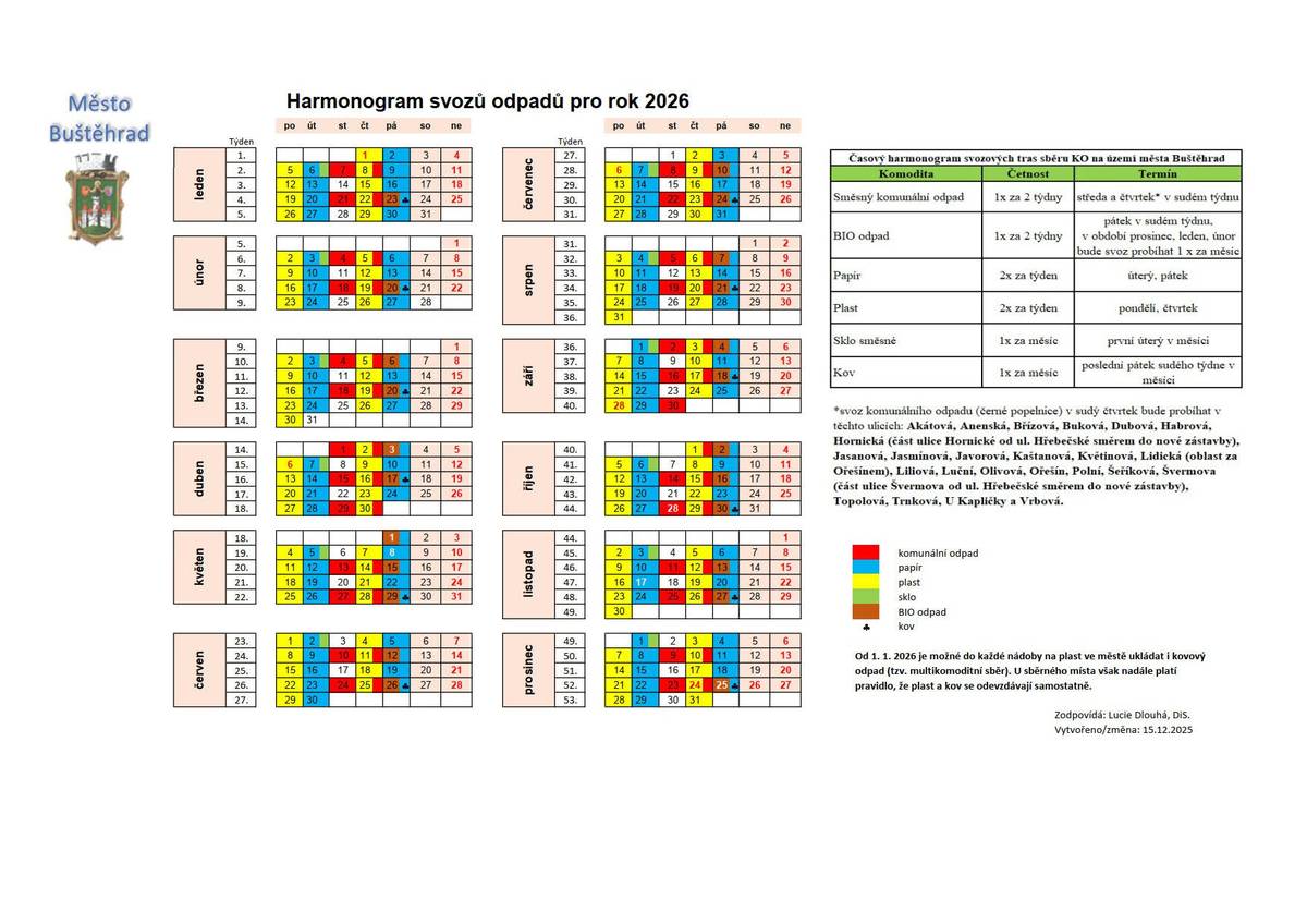 Zasíláme harmonogram svozu odpadů na rok 2026. Najdete ho také na našem webu nebo na poslední straně nejnovějšího Buštěhradského zpravodaje. Zjistíte z něj nejen, kdy se vyvážejí černé a hnědé popelnice, ale i kdy probíhá vývoz barevných kontejnerů.  Prosíme, abyste petlahve, plechovky, ale hlavně papírové krabice sešlapávali, aby se do kontejnerů vešel také odpad vašich spoluobčanů a město neplatilo za vývoz vzduchu. Děkujmeme!  MěÚ Buštěhrad