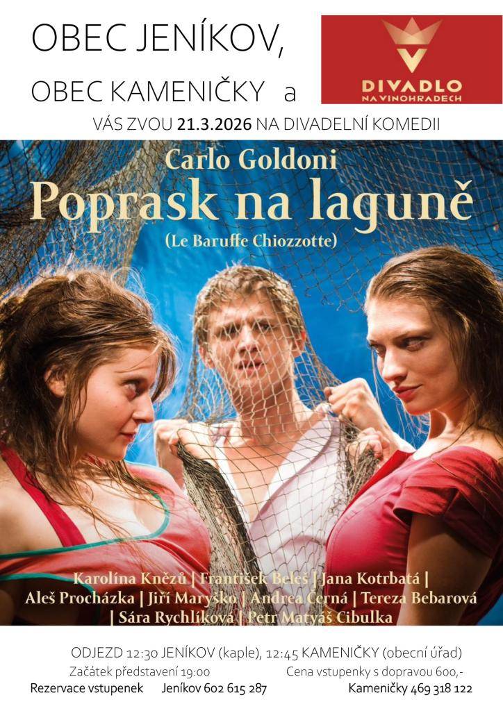 OBEC JENÍKOV, OBEC KAMENIČKY a DIVADLO NA VINOHRADECH  VÁS ZVOU 21.3.2026 NA DIVADELNÍ KOMEDII  POPRASK NA LAGUNĚ