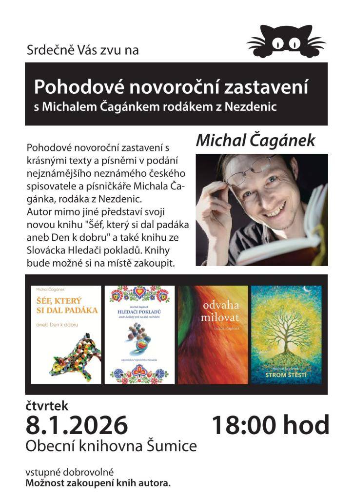 Ve čtvrtek 8.1.2026 v 18.00 hod. jste zváni do místní knihovny na vernisáž výstavy obrazů Petry Novákové a dále proběhne beseda se spisovatelem a písničkářem Michalem Čagánkem.