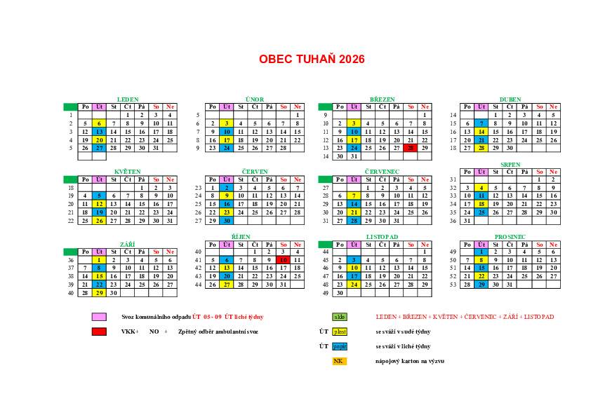 Harmonogram svozu odpadu pro rok 2026 - Obec Tuhaň