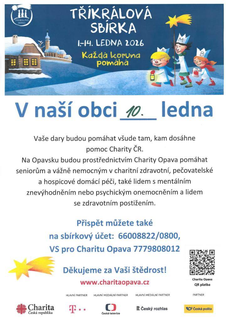 Tříkrálová sbírka proběhne v naší obci již tuto sobotu 10. 1. 2026.