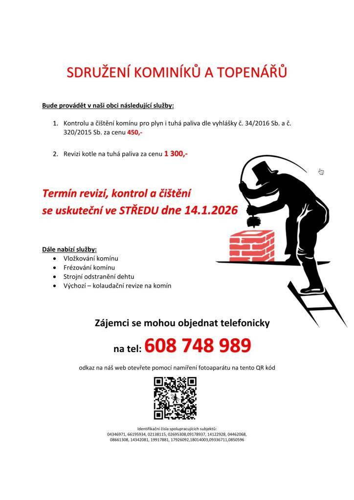 Sdružení kominíků a topenářů bude provádět kontrolu a čištění komínu pro plyn i tuhá paliva.
